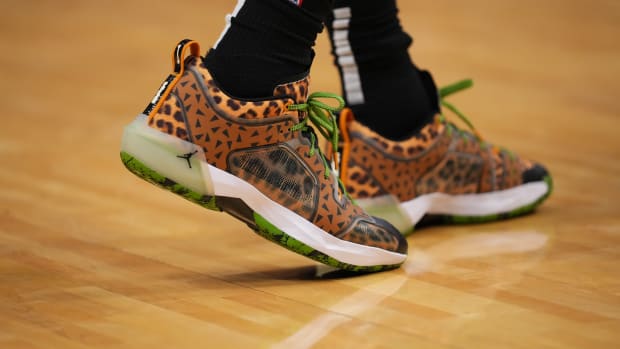 View of cheetah-print Jordan shoes.